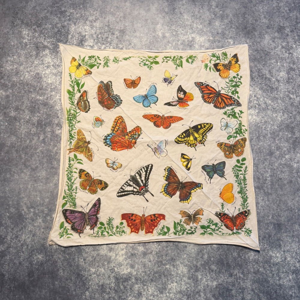 Vintage 1995 The Printed Image Butterfly Nature Bandana 22x22 Cotton Scarf Cream